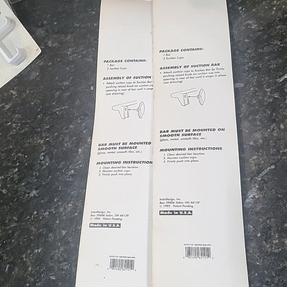 Vintage NIB Set of 2 InterDesign Suction Bar, White